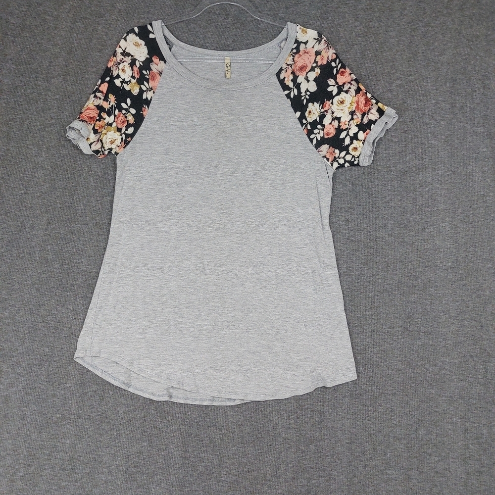 GOO YOO WOMENS GRAY BLACK FLORAL PRINT SHORT SLEEVE CASUAL TSHIRT SIZE LARGE
